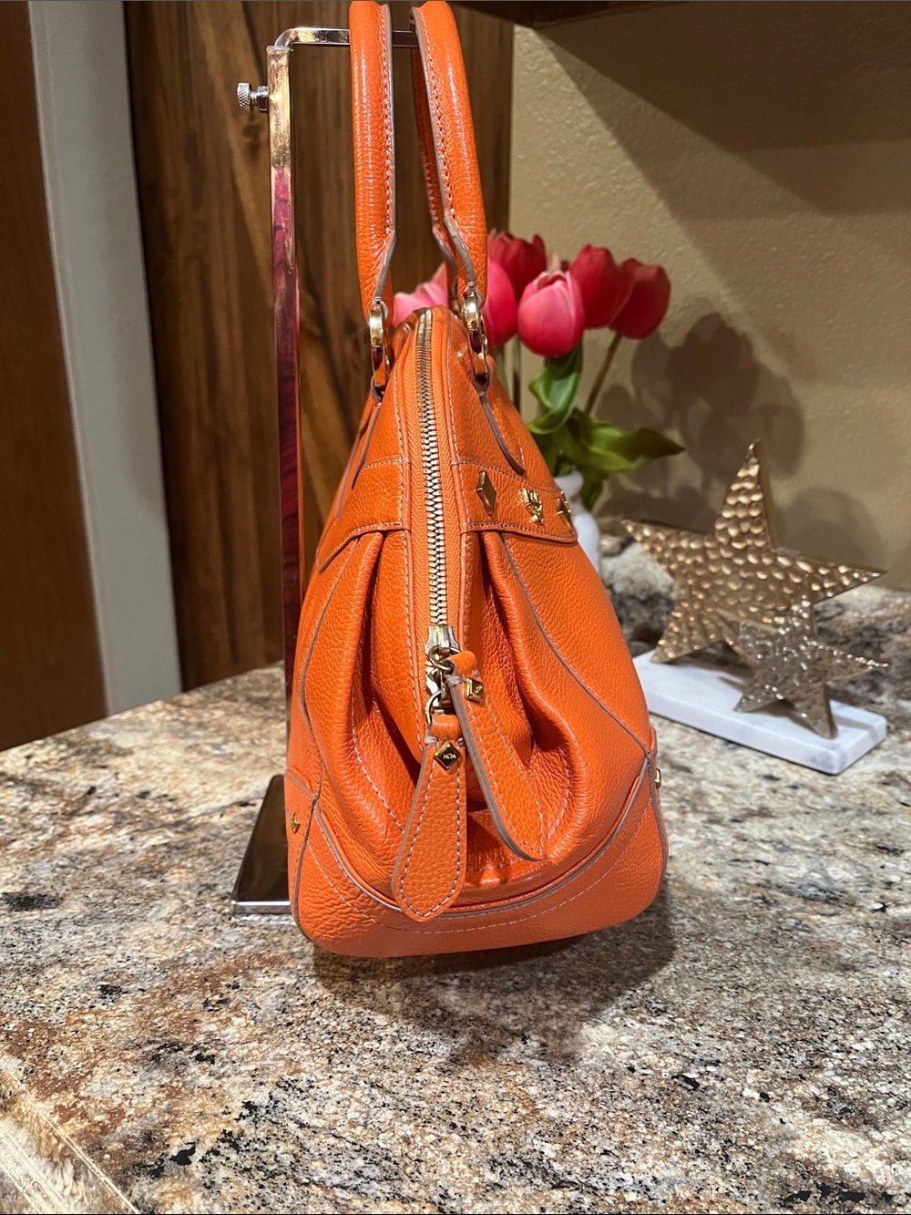 MCM Orange Pebbled Leather Dome Satchel with Gold-Tone Accents - Picture 6 of 13